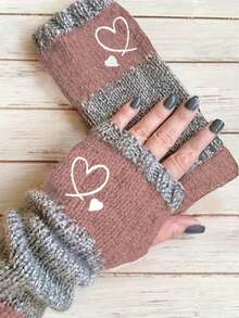 Autumn/Winter Colorblock Knit Fingerless Wrist Warmers With Cute Heart Print, Elastic Warm Gloves For Women, Daily Use - Multicolor - View 1