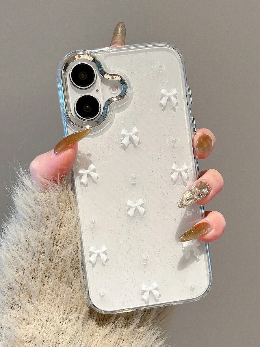 Cute White Bow With Shiny Silver Frame Transparent Background Epoxy Resin Phone Case, Compatible With IPhone 18Pro/18ProMax/17/17Air/17Pro/17ProMax/16/15/14/13/12/11/X/XS/XR/Mini/Pro Max/Pro/Plus, Korean Style TPU Soft Shell