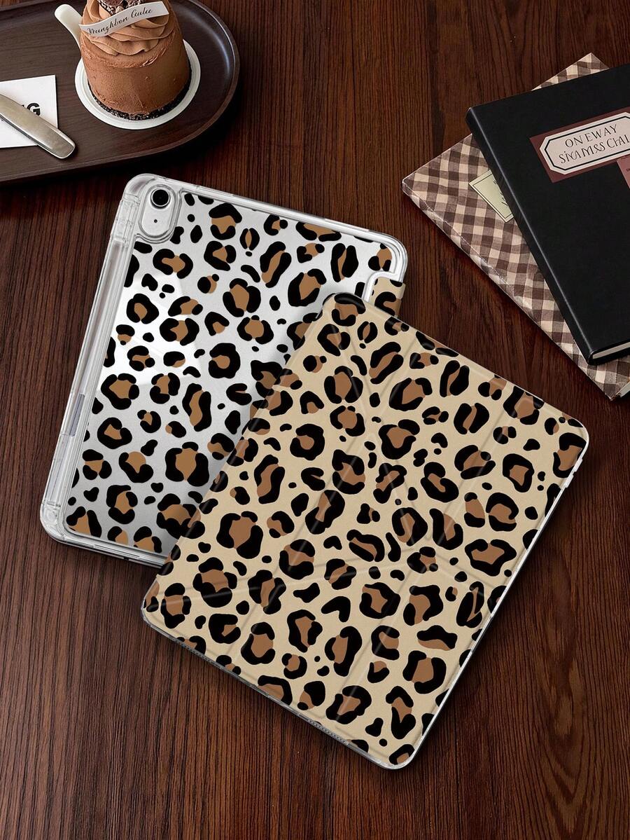 1pc Yellow Leopard Print Tablet Case Compatible With IPad Mini6/7/Air/Air2/9.7/10.2/10.5/10.9 (Air4-Air8)/Pro 11/10th Gen/A16/Pro 11 2024, Double-Sided Painted Pattern, Transparent Acrylic Back Shell, Silk Texture 8-Fold Stand, Auto Sleep/Wake, Built-In Pen Slot, Pen Not Included, Some Models With Camera Frame
