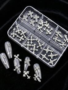 30pcs/6-Grid European Court Style 3D Alloy Cross Nail Art Charms, Assorted Glitter Cross Nail Decorations, Versatile Metal DIY Nail Supplies - Multicolor - View 9