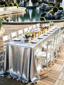102 X 58 Inch Satin Tablecloth, Rectangular Bed Skirt, Silky Fabric, Champagne Color Party Tablecloth Suitable For Rectangular Dining Tables, Parties, Holidays, Weddings (Silver) - Silver - View 3