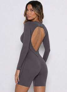 Never me Women's Sports Shorts Round Neck Long Sleeve Hollow Back Cutout Tight Fit Bodysuit - Grey - View 1