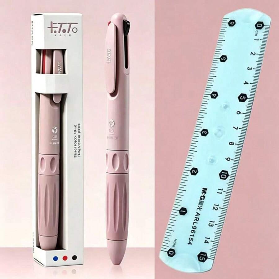 3色筆與尺套組,莫蘭迪色系多色圓珠筆,3色可伸縮凝膠筆,15cm軟尺套組,可伸縮3合1多色筆,黑-紅-藍快乾墨水,CS雙頭圓珠筆,適用於辦公室學校筆記書寫標記,多功能書寫,防滑矽膠握把 - 圓形 - 查看 1