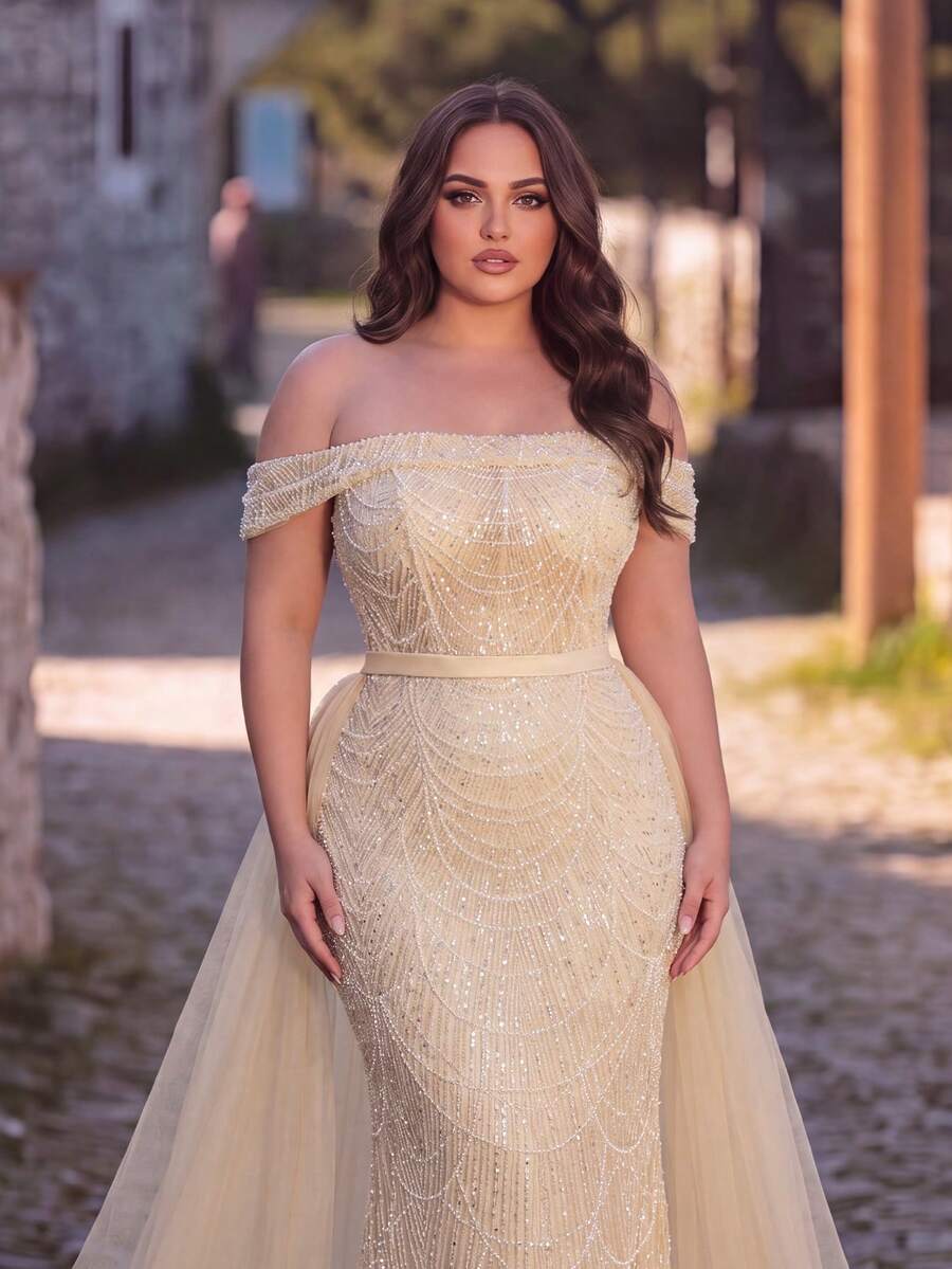 Plus Size Elegant Mermaid Prom Dress For Women, Off Shoulder Cold Shoulder Sequin Beaded Long Formal Evening Gown With Tie Back, Perfect For Parties
