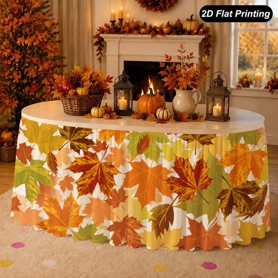 1pc 2D Flat Autumn Tablecloth With Maple Leaf Design, Perfect For Home Kitchen Thanksgiving Decoration, Family Party Holiday Decor, Autumn Decoration - A - View 1