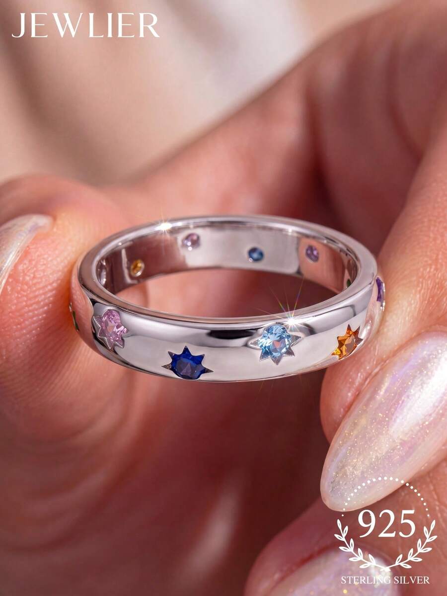 1pc 925 Sterling Silver Colorful Star Ring, Multiple Sizes Available, Suitable For Women, Ideal Choice For Date Gift Or Exquisite Jewelry