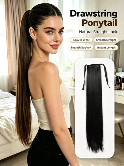 24 Inch Synthetic Clip-On Ponytail Hair Extensions, Long Straight Wrap Around Ponytail Wig, Heat Resistant, For Women