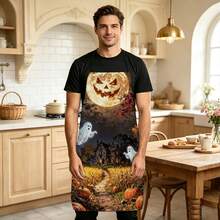 1pc Halloween Pumpkin Full Moon & Ghost Print Apron, Featuring Smiling Pumpkin Moon, Ghost & Cozy Cabin, Cornfield Pattern, Durable Cooking Apron Suitable For Bakers, Cake Decorators, Party Planners, Painters, Nail Artists - Personalized Gift For Home & Professional Chefs - Multicolor - View 4