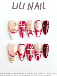 10pcs Handmade Press-On Nails, Almond Shape, Red, Pink, Checkerboard, Metallic, Rhinestone Decorated, Cute Nail Art, Reusable Nail Set With Nail Tools, Suitable For Daily Commute, Party And Office - Multicolor - View 3