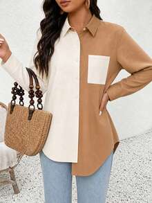 Women's Plus Size Long Sleeve Shirt, Single-Breasted Pocket Top, Contrast Color Design - Khaki - View 4