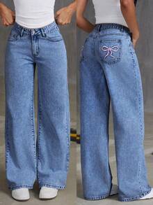 Teen Girl Oversized Bow Print Loose Fit Flared Denim Pants - Medium Wash - View 1