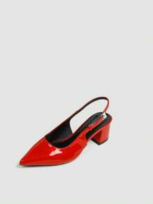 Fashionable Pointed Toe Chunky Heel Shoes With Back Strap, Women's Ankle Buckle Dress Pumps, Suitable For Evening Party And Daily Wear - Red - View 5