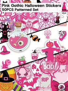 50pcs Pink Gothic Halloween Stickers-Transparent PET, Sweet And Fun Designs-Perfect For Skateboards, Notebooks, Water Bottles, Suitcases, And Parties-DIY Halloween Gifts - Multicolor - View 10