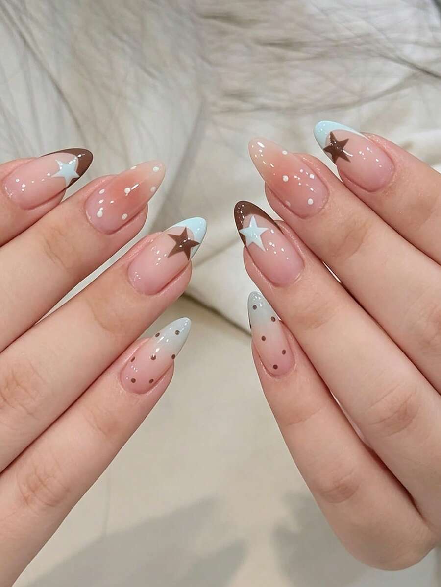 24pcs Y2K Minimalist French Style Light Blue & Brown Gradient Polka Dot French Star Pattern Acrylic Press-On False Nails, Suitable For Sweet Girls & Women Daily Wear, Holiday Parties, Afternoon Tea And Other Occasions - Multicolor - View 1