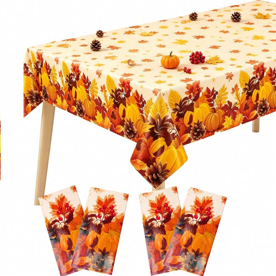 Tablecloth, 1pc/4pcs Set Autumn Disposable Tablecloth Decoration 54*108 Inches, Autumn Theme Plastic Tablecloth, Autumn Pumpkin Maple Leaf Tablecloth, Thanksgiving Pumpkin Tablecloth, Autumn Harvest Party Supplies - Multicolor - View 1