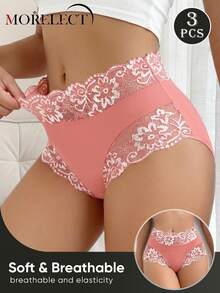 Morelect 3 buah celana dalam wanita model mid-high waist dengan detail renda dan patchwork, nyaman, lembut, dan bernapas. - MultiWarna - View 4