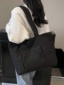 Simple Solid Color Quilted Multi Pocket Tote Bag, Lightweight And Practical Large Capacity Shoulder Bag, Suitable For Commuting To Work, School Class - Black - View 12