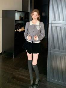 Autumn/Winter New Korean Style Sweet Casual Knit Cardigan For Women, Gentle Style Contrast Color Lapel Lace Heart Cardigan, Preppy Slimming Long Sleeve Jacket, Versatile For Daily Commute - Grey - View 4
