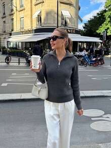 Women's Rib-Knit Pullover Sweater With Half-Zip Collar, Long Sleeve Medium Stretch Knitwear Top For Fall Daily Wear - Dark Grey - View 1