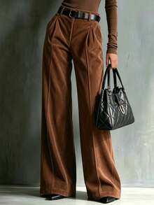 Women's Fashion Casual Solid Color High Waist Wide Leg Pants [No Belt] - Brown - View 3