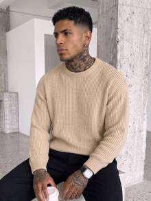 Men's Autumn/Winter Basic Solid Color Lightweight Sheer Polyester Pique Textured Casual Fitted Long Sleeve Drop Shoulder Crew Neck Pullover Sweater - Light Yellow - View 5