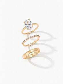 Vandermere 3pcs Unique Oval Cut Cubic Zirconia Bridal Set, Engagement Ring, Promise Ring, Wedding Band, Eternal & Plain Ring Set Gift - Gold - View 4