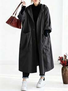 Women's Spring/Summer Artistic Chinese Style Oversized Lightweight Fabric Sheer Ultra-Thin Long Trench Coat With Large Pockets, Fashionable Button Front, Hooded Casual Versatile Jacket - Dark Grey - View 9