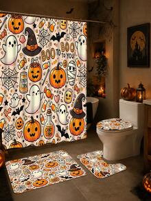4-Piece Kids' American Cartoon Halloween Bathroom Set, Waterproof, Moisture-Proof, Mildew-Resistant, Semi-Transparent Shower Curtain With Cute Ghost, Pumpkin, Witch Hat, Mummy And Candy Patterns, U-Shaped Non-Slip Bath Mat, Toilet Mat, Home Bathroom Decor - A - View 7