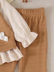 2pcs Baby Girl Cute White Bow Decor Striped Long Sleeve Top & Casual Flare Pants Set, Thin Spring/Autumn - Apricot - View 5