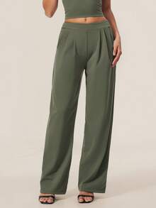 TimeOff Women's 1pc Solid Color Autumn/Winter Pleated Front Side Pocket Straight Leg Wide Leg Pants - Green - View 7