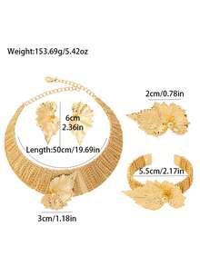 Letingsha Women's Gold Plated 4pcs Jewelry Set, Textured Necklace, Hollow Leaf Earrings, Open Cuff Bracelet, Adjustable Ring, Anti-Oxidation Design, Suitable For Brides, Formal Occasions And Holiday Outfits - Yellow Gold - View 5