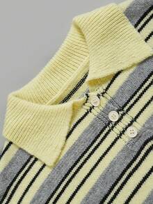 Sweater Rajut Wanita Musim Gugur Warna Kuning Abu-abu Bergaris Kerah Polo, Kancing Setengah, Bahu Jatuh Longgar, Model Crop, Atasan untuk Kembali ke Sekolah, Festival, dan Sehari-hari - Kuning - View 5