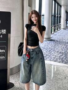 Vintage Washed Loose Wide Leg Cropped Jeans, American Minimalist Design Summer - Dark Wash - View 1