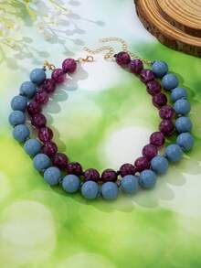 OABE 2pcs/Set Bohemian Style Grey & Purple Double Layer Beaded Necklace Set, Suitable For Women's Daily Wear - Multicolor - View 4