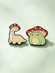 2pcs Cartoon Cute Mushroom Dinosaur Frog Shaped Brooch, Alloy Metal Badge, Clothing Accessory, Bag Decoration - Multicolor - View 6
