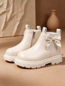 1 Pair Beige Ankle Boots, Solid Color Soft Bow Decor, Round Toe Soft Sole Inner Zipper Design, Fashion Classic Boots, Suitable For Daily Wear, School, Holidays, Parties, Autumn/Winter New Style - Beige - View 5