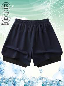 Celana Pendek Olahraga Pria Dua Lapis, Desain 2 in 1, Kain Cepat Kering, Perlindungan Matahari, Bernapas, Motif Modis, Penting untuk Lari, Kebugaran, Mendaki, dan Jogging Santai di Luar Ruangan - Navy Blue - View 5