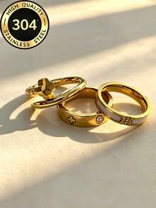 3pcs/Set Stainless Steel Clover Zirconia Rings, Waterproof Non-Fading Elegant Women's Jewelry, Suitable For Daily Wear And Party Charm, Ideal Gift - Gold - View 14