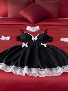 4pcs Black & White Maid Cosplay Costume Set, V-Neck Lace Trim Bodysuit Mini Dress With Bow Collar And Wristbands, Suitable For Halloween, Party Cosplay Outfits - Black and White - View 5
