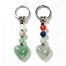 2pcs Handmade Natural Heart-Shaped Jade Stone Keychains, Chinese Vintage Beaded Key Rings, Bohemian Crystal Bag Charms, Lucky Healing Stone Jewelry, Gift For Girls And Women. Each Natural Crystal May Have Slight Color Variation - View 12