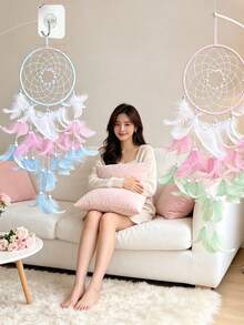 1pc Girls Dream Catcher, Butterfly Center, Pink And White Mixed Feathers And Transparent Beads, Bedroom Pink Decoration, With Decorative Box And White Raffia - Multicolor - View 10