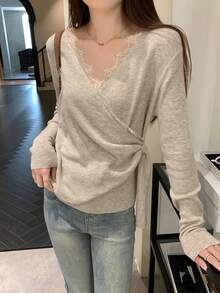 Women's Lace Patchwork Pleated Casual Versatile Daily Wear Knit Top - Khaki - View 3