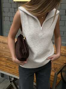 Women's Preppy Half-Zip Collared Knit Vest, Sleeveless Soft Loose Fit Pullover Vest, Casual Layering Sweater For Autumn/Winter - Apricot - View 1