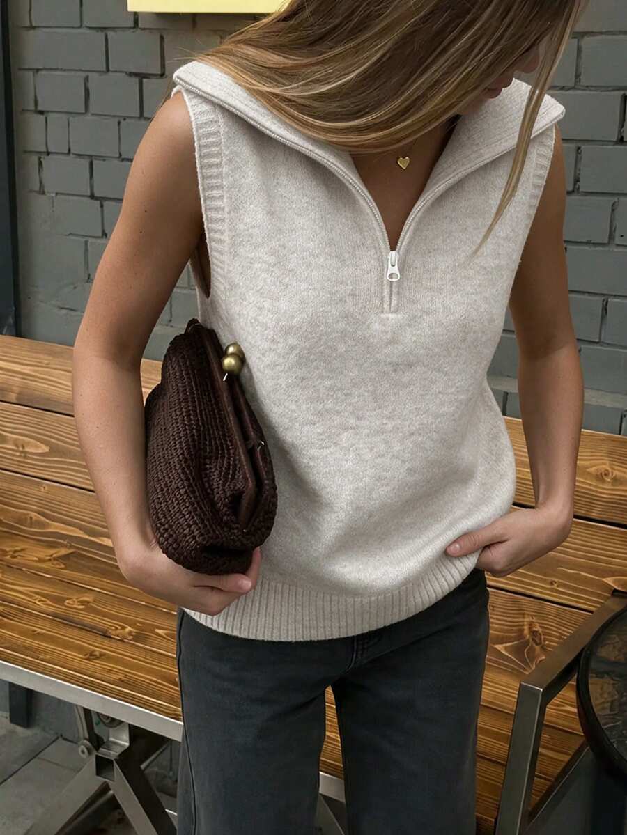 Women's Preppy Half-Zip Collared Knit Vest, Sleeveless Soft Loose Fit Pullover Vest, Casual Layering Sweater For Autumn/Winter - Apricot - View 1