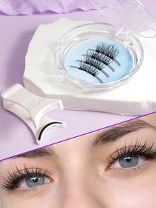 1 Pair Magnetic False Eyelashes, Soft And Lightweight Criss-Cross Style, Portable Round Storage Box, Convenient To Store - View 4