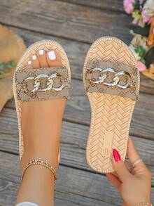 Women's Square Buckle Chain Woven Flat Sandals, Comfortable Minimalist Vacation Beach Home Daily Summer Brown Open Toe Slides - Brown - View 1
