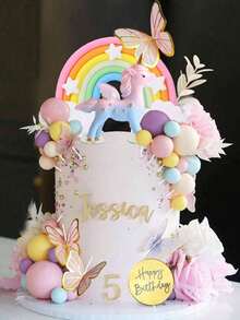 1 Set Or Single Unicorn Cake Topper, Unicorn Cake Decoration, Pink Butterfly Happy Birthday Cake Topper, Rainbow Cake Decoration, Pink & White Artificial Flowers Colorful Foam Ball Cake Decoration, Suitable For Baptism, Gender Reveal, Anniversary, Wedding, Birthday Party Cake Decoration (Please Use With Tray And White Stick) - Multicolor - View 1