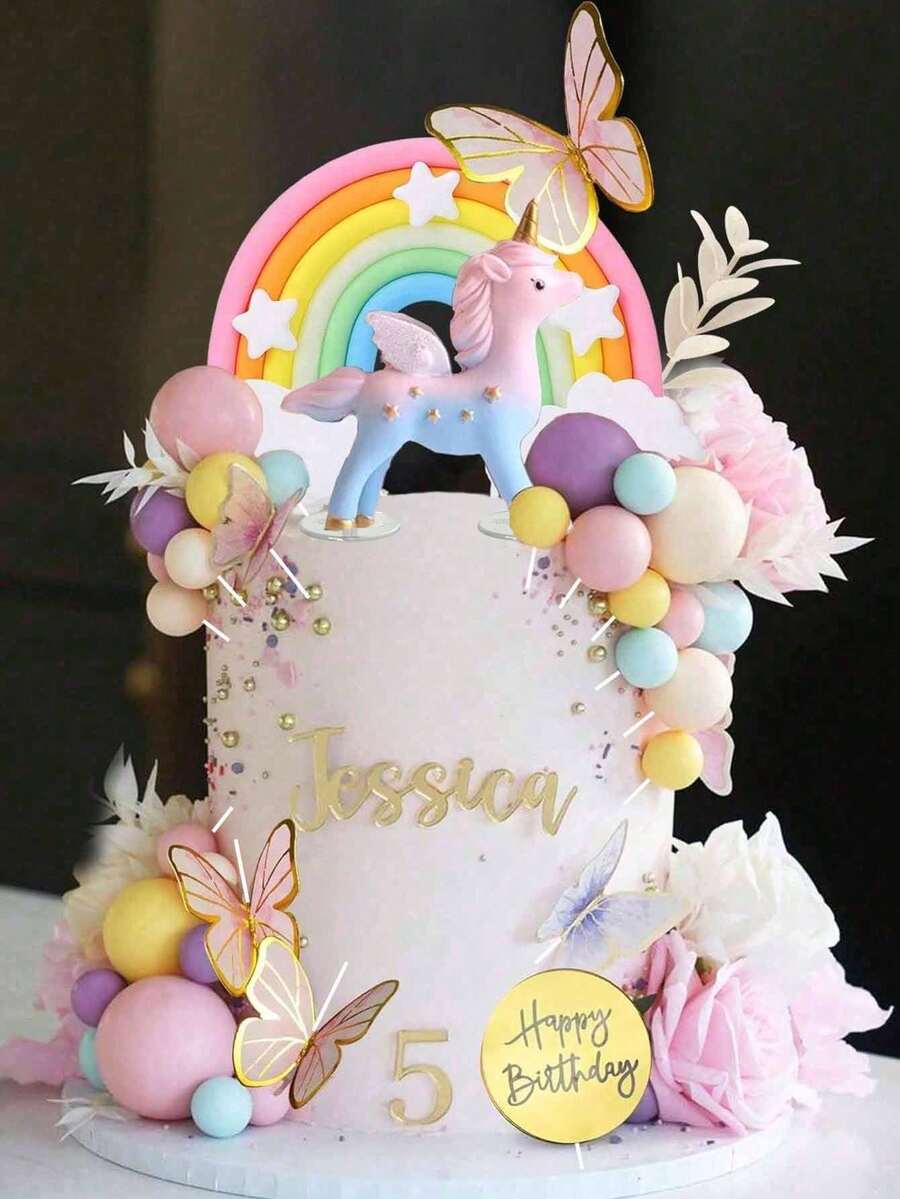 1 Set Or Single Unicorn Cake Topper, Unicorn Cake Decoration, Pink Butterfly Happy Birthday Cake Topper, Rainbow Cake Decoration, Pink & White Artificial Flowers Colorful Foam Ball Cake Decoration, Suitable For Baptism, Gender Reveal, Anniversary, Wedding, Birthday Party Cake Decoration (Please Use With Tray And White Stick) - Multicolor - View 1