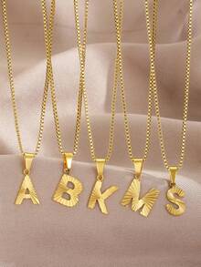 1pc Gold Tone A-Z Initial Letter Pendant Necklace Textured Box Chain Y2K Jewelry For Girls Boys Daily Wear School Party Vacation Style - Gold - View 3