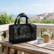 1pc Black Minimalist Fashion Makeup Storage Bag, Flocked Heart-Shaped Breathable Mesh Material Cosmetic Bag, Convenient Dual Handle Toiletry Bag, Beach Bag, Suitable For Travel And Outdoor Use - Black - View 4